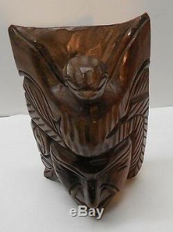 Wood Mask Eagle Headdress Feathers and Designs Hand Carved Vintage