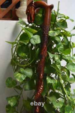 Wooden Carved Eagle Head & Snake Climbing On A Tree Shaped Cane handmade wood cr