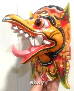 Wooden Decor Mask Garuda Eagle Bird Wall Bali Hindu Hand Carved Painted Orange