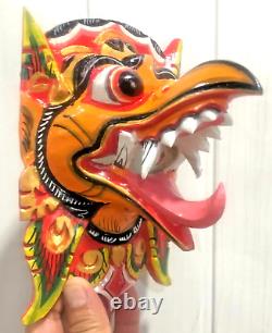 Wooden Decor Mask Garuda Eagle Bird Wall Bali Hindu Hand Carved Painted Orange