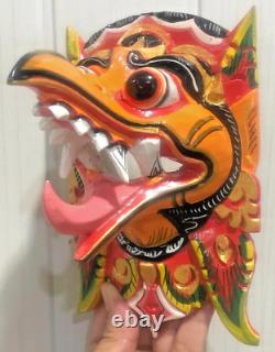 Wooden Decor Mask Garuda Eagle Bird Wall Bali Hindu Hand Carved Painted Orange