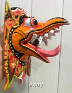 Wooden Decor Mask Garuda Eagle Bird Wall Bali Hindu Hand Carved Painted Orange