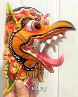 Wooden Decor Mask Garuda Eagle Bird Wall Bali Hindu Hand Carved Painted Orange