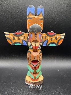 Wooden Hand Carved & Painted Model Totem Pole Stamp on Bottom Chief White Eagle