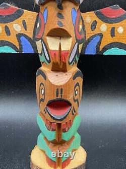 Wooden Hand Carved & Painted Model Totem Pole Stamp on Bottom Chief White Eagle