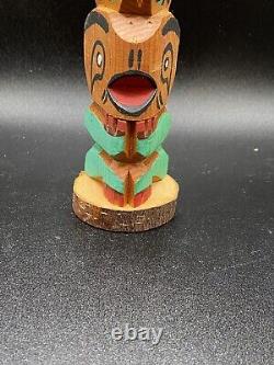 Wooden Hand Carved & Painted Model Totem Pole Stamp on Bottom Chief White Eagle