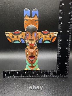 Wooden Hand Carved & Painted Model Totem Pole Stamp on Bottom Chief White Eagle